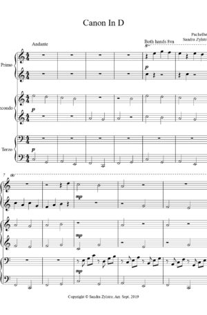 Canon In D (Key of C) – Piano Trio (1 Piano, 6 Hands)