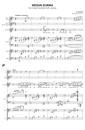 NESSUN DORMA (flexible quintet w/ voices) in G, F, Eb or E