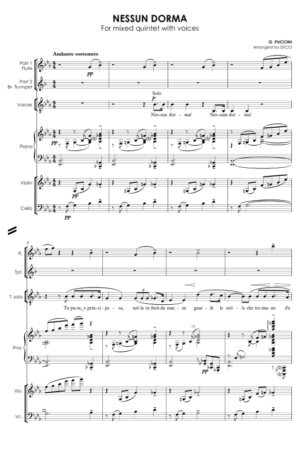 NESSUN DORMA (flexible quintet w/ voices) in G, F, Eb or E