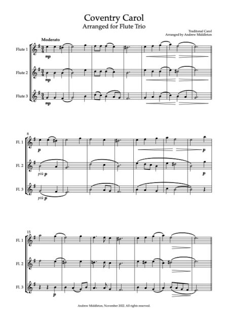 Coventry Carol for flute trio Score and parts