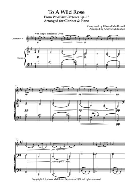 To A Wild Rose for clarinet and Piano Full Score