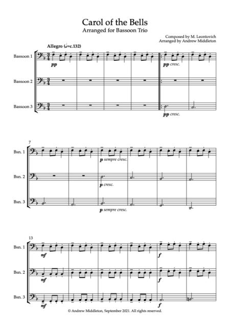 Carol of the Bells Arranged for Bassoon Trio Score and parts