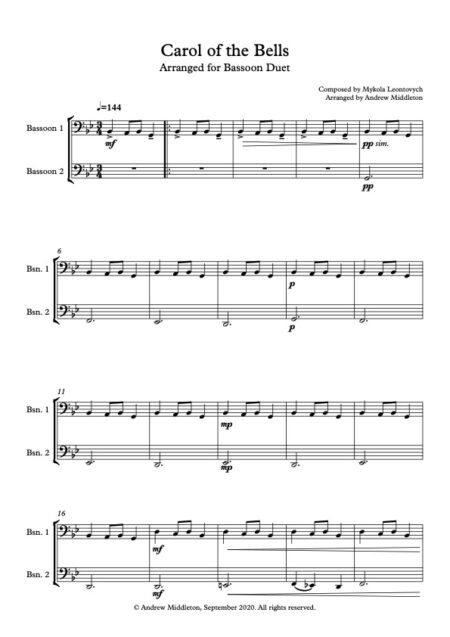 Carol of the Bells for bsn duet Score and parts