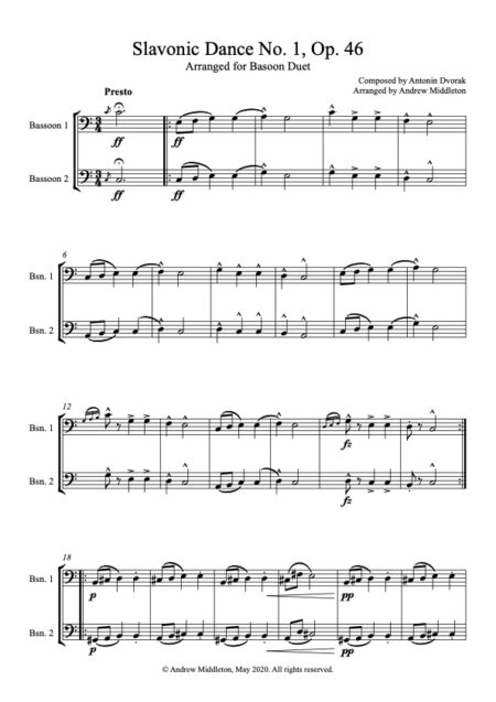 Slavonic Dance No. 1 for bsn duet Score and parts