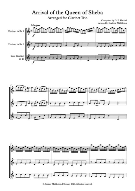 Arrival of the Queen of Sheba for Clarinet Trio Score and parts
