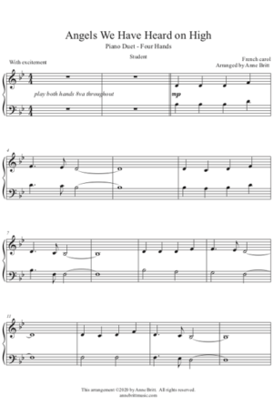 Angels We Have Heard on High – Late Elementary Student/Teacher Piano Duet, key of Bb