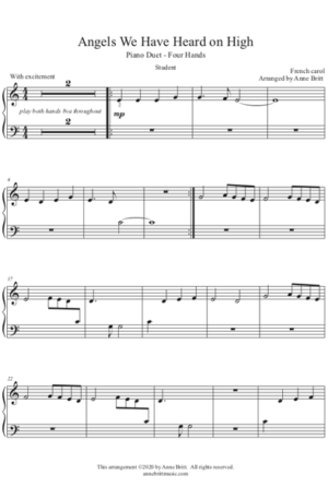 Angels We Have Heard on High – Elementary Student/Teacher Piano Duet, key of C