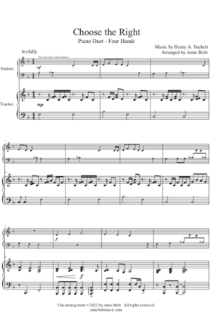 Choose the Right – Elementary Student/Teacher Piano Duet, key of F