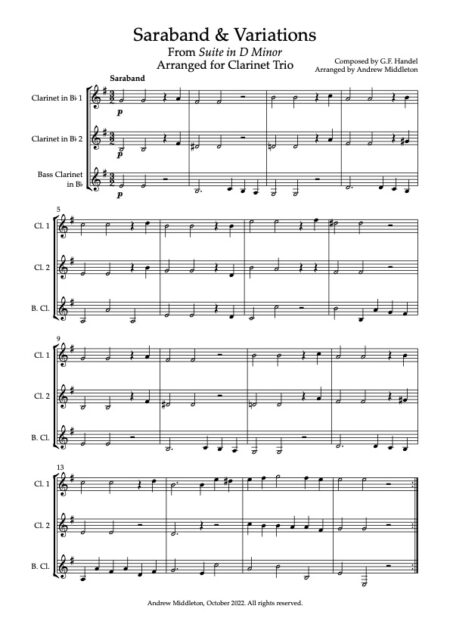 Saraband Variations From Suite in D Minor Arranged for Clarinet Trio Score and parts
