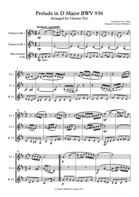 Prelude in D Major 936 for Clarinet Trio Score and parts
