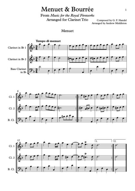 Menuet Bourree From Music for the Royal Fireworks Arranged for Clarinet Trio Full Score