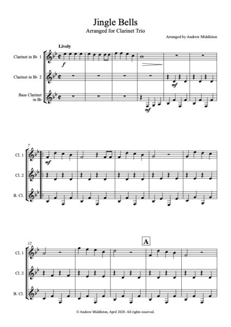 Jingle Bells Arranged for clarinet Trio Score and parts