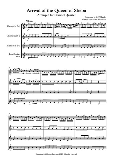 Arrival of the Queen of Sheba for Clarinet Quartet Score and parts