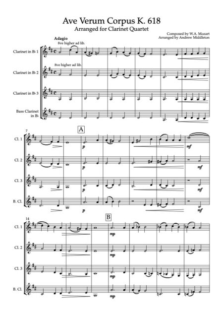 Ave Verum Corpus for Clarinet Quartet Score and parts