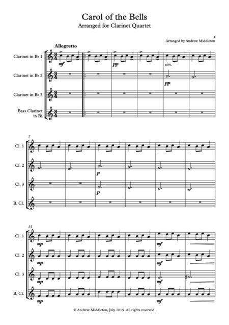 Carol of the Bells for Clarinet Quartet Score and parts