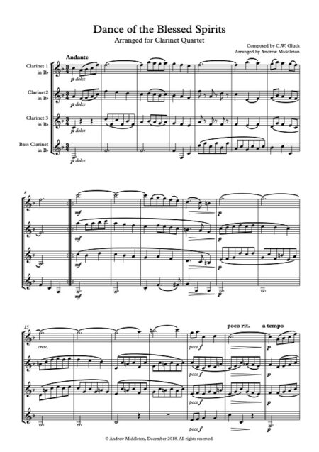 Dance of the Blessed Spirits for clarinet quartet Score and parts