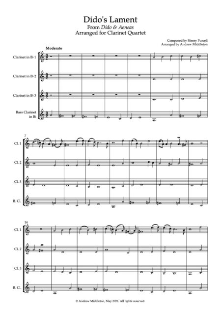 Didos Lament for clarinet quartet Score and parts
