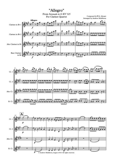 Eine kleine Nachtmusik for Clarinet Quartet Score and parts