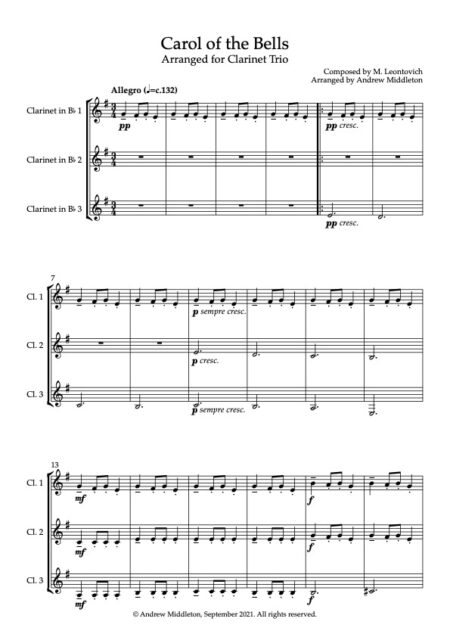 Carol of the Bells Arranged for Clarinet Trio Score and parts