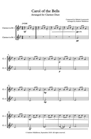Carol of the Bells arranged for Clarinet Duet