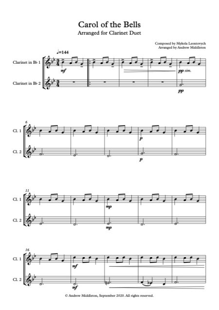 Carol of the Bells for clarinet duet Score and parts