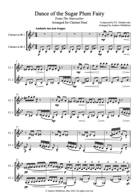 Dance of the Sugar plum fairy clarinet duet Score and parts