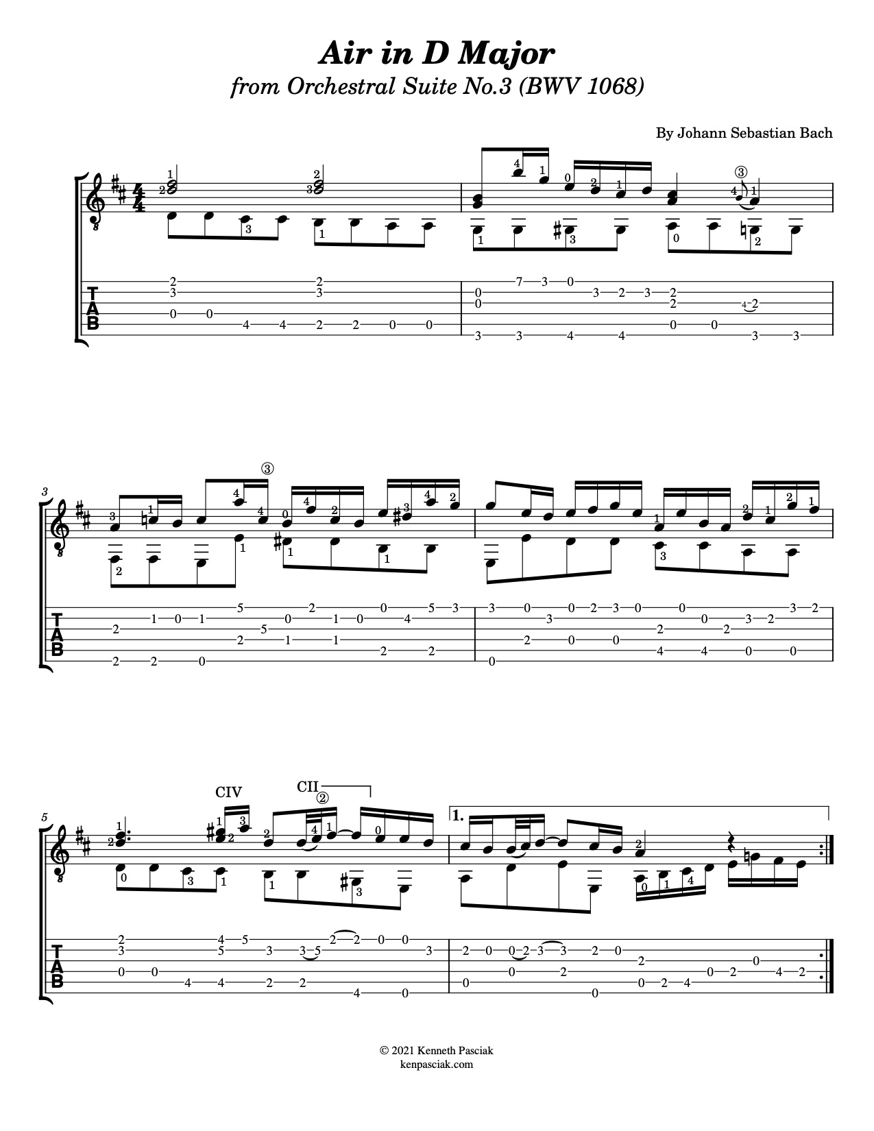 Air On The G String by Johann Sebastian Bach - Easy Guitar Tab