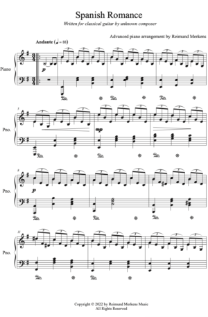 Spanish romance (by unknown guitar composer) – Transcription for piano