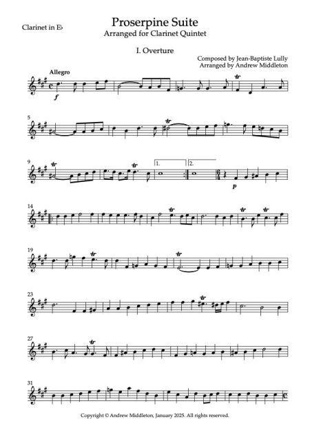 Proserpine Suite for Clarinet Quintet Parts