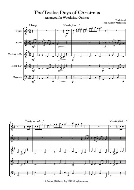 The Twelve Days of Christmas for Woodwind Quintet Score and parts