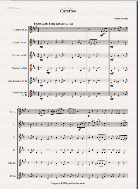 "Carefree" A gentle Bossa Nova for Clarinet Choir - Image 2