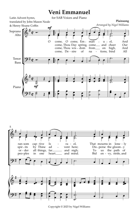 Veni Emmanuel, for SAB Choir and Piano
