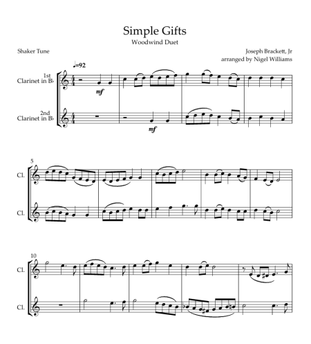 Simple Gifts, for Clarinet Duet