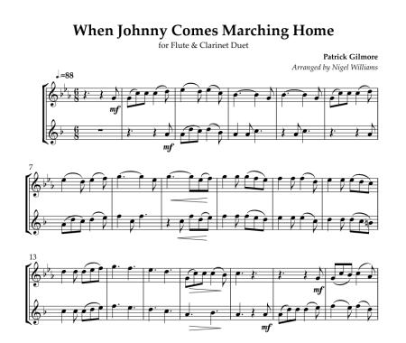 When Johnny Comes Marching Home, for Flute & Clarinet