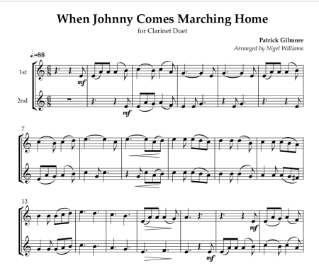 When Johnny Comes Marching Home, for Clarinet Duet
