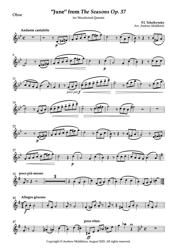 June from The Seasons Op. 37 arranged for Wind Quintet - Image 2