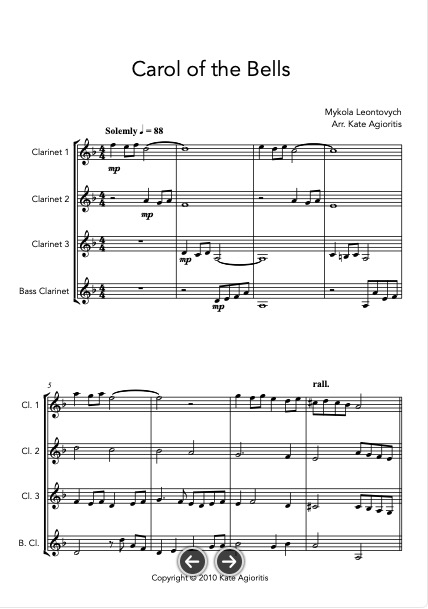Carol of the Bells (Ukrainian Bell Carol) - Jazz Arrangement for Clarinet Quartet - Image 2