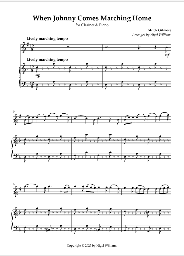 When Johnny Comes Marching Home, for Clarinet & Piano Screenshot 2025 08 12 154610