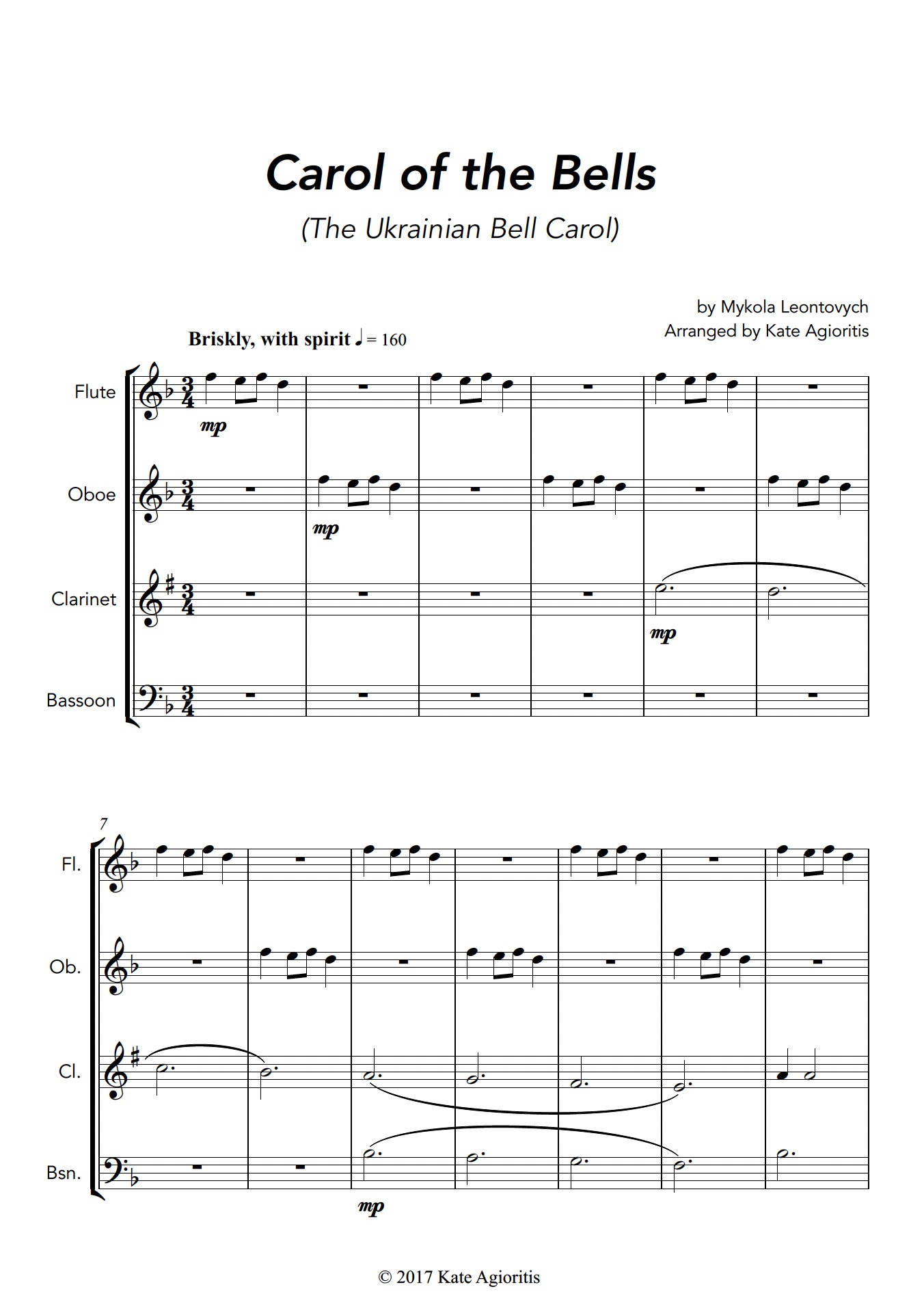 Carol of the Bells (Ukrainian Bell Carol) - Woodwind Quartet