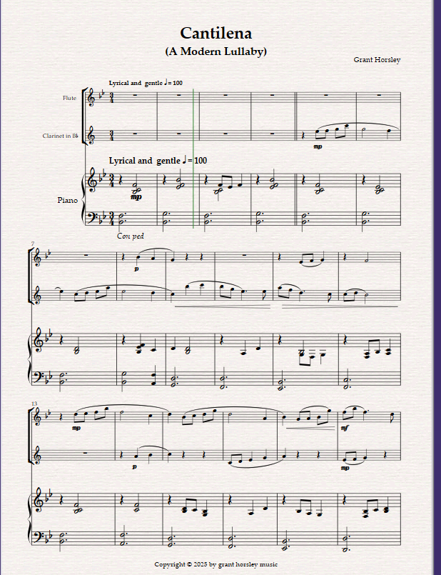 Cantilena. (A Modern Lullaby) for Flute, Clarinet and Piano. - Image 2