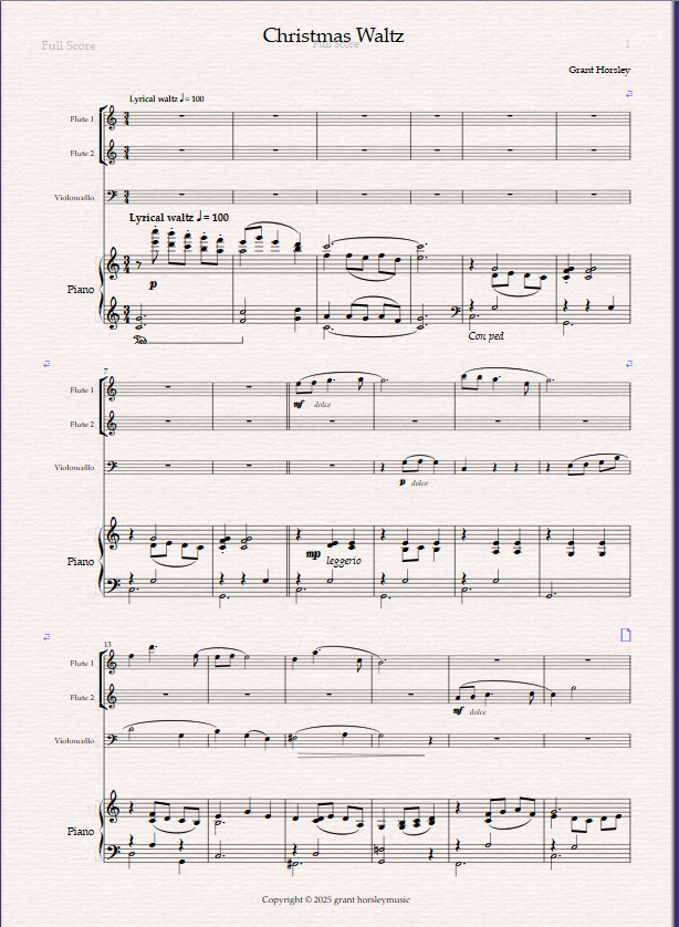 Christmas Waltz. For Mixed Quartet ( 2 Flutes, Cello and Piano.) - Image 2