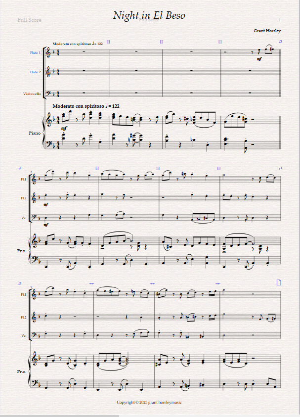 Night in El Beso. A Tango for Mixed Quartet (2 Flutes, Cello, Piano) - Image 2