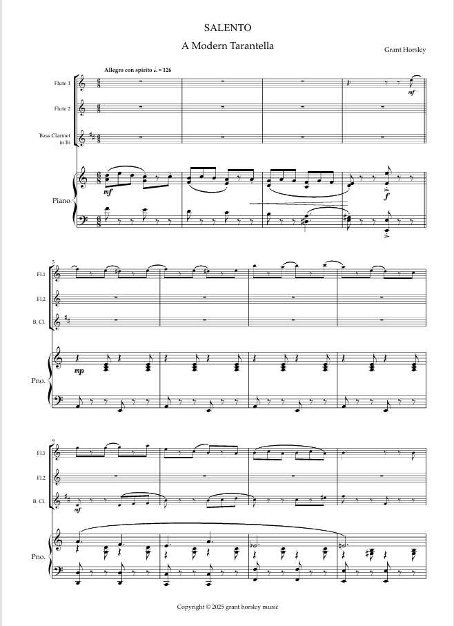 Salento. A modern Tarantella for Wind Trio and Piano. (2 Flutes, Bass Clarinet and Piano) - Image 2