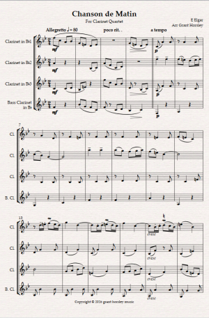 Chanson de Matin. E. Elgar. For Clarinet Quartet (3 Bb Clarinets and Bass Clarinet)