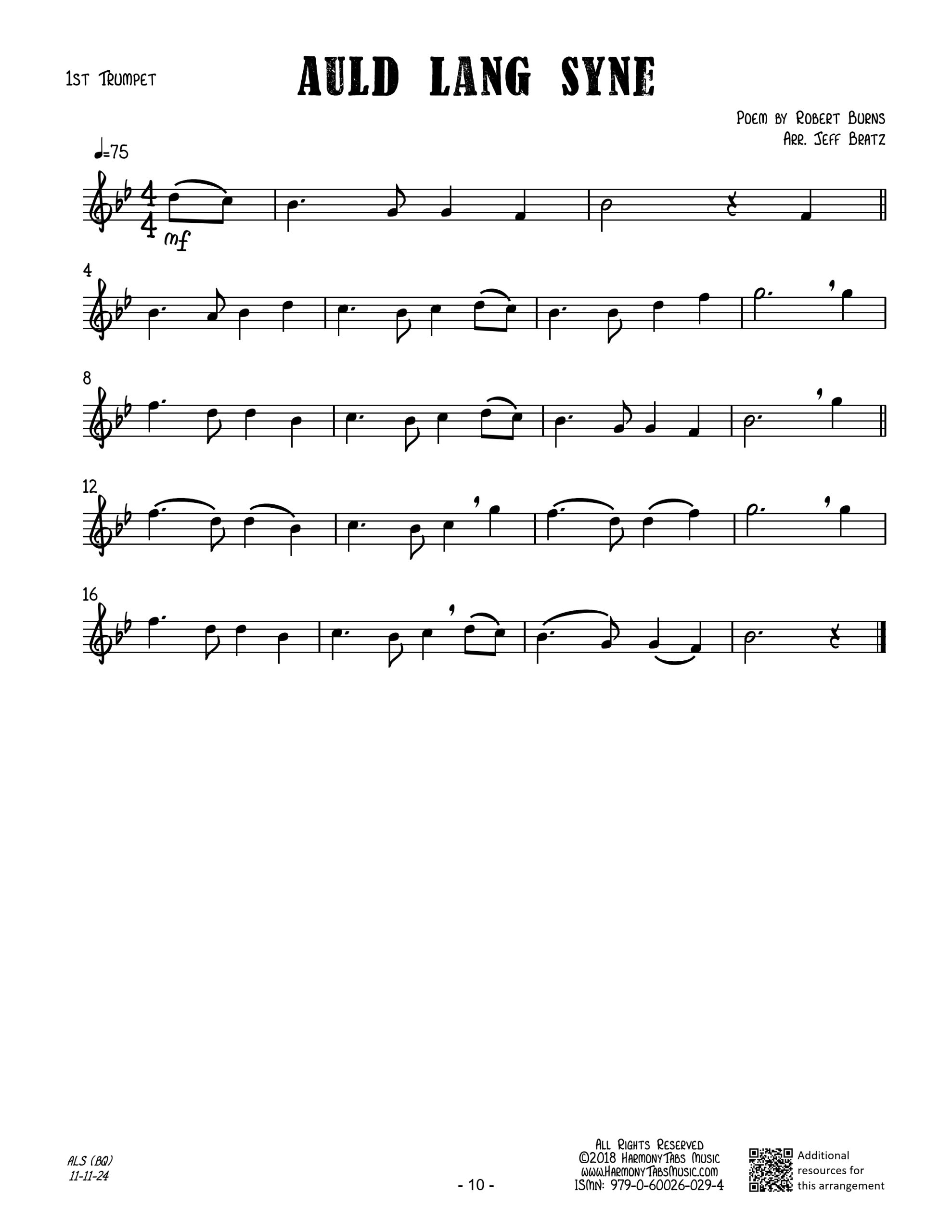 Auld Lang Syne (Brass Quartet)-Trumpet 1