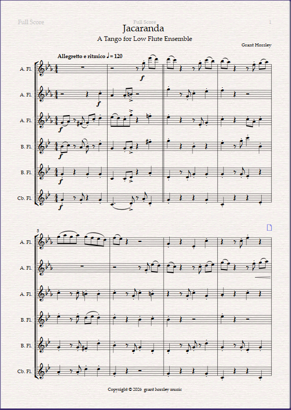 Jacaranda. A Tango for Low Flute Ensemble (3 Altos, 2 Basses & Contrabass Flute) - Image 2