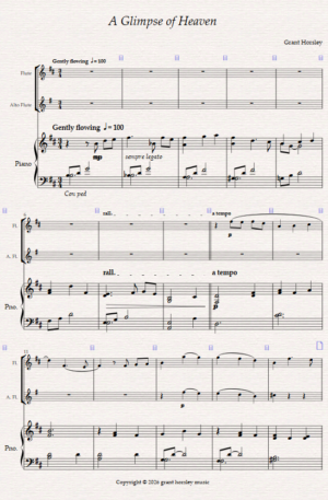 A Glimpse of Heaven. For Flute, Alto Flute and Piano.