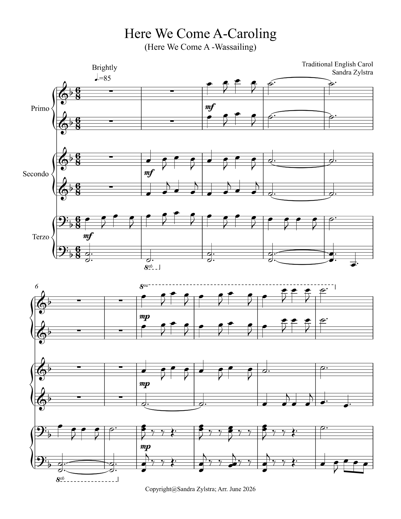 Here We Come A-Caroling (Here We Come A-Wassailing) (intermediate piano trio, 1-piano -6-hands) Here We Come A-Caroling (Here We Come A-Wassailing) (intermediate piano trio, 1-piano -6-hands) - Image 2