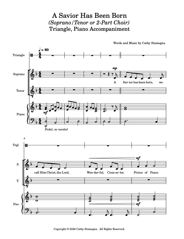 A Savior Has Been Born (ST or 2-Part Choir, Triangle, Piano Accompaniment) A Savior Has Been Born (ST or 2-Part Choir, Triangle, Piano Accompaniment) - Image 2