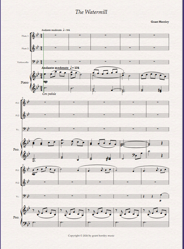 The Watermill. For Mixed Quartet (2 Flutes, Cello and Piano) The Watermill. For Mixed Quartet (2 Flutes, Cello and Piano) - Image 2
